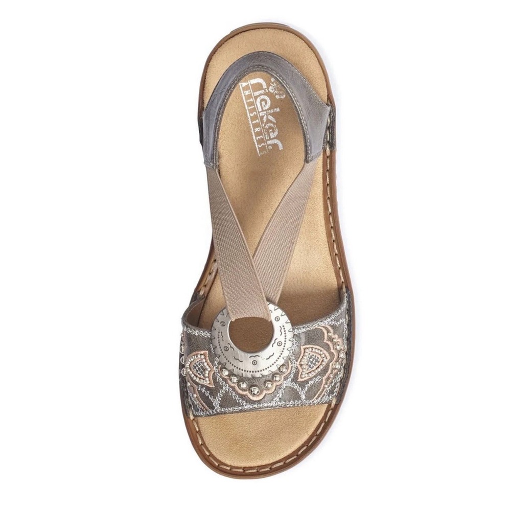 Women's Rieker Sandals SZ 9.5 Regina Comfort‎ Gray Boho Leather Beaded Slingback